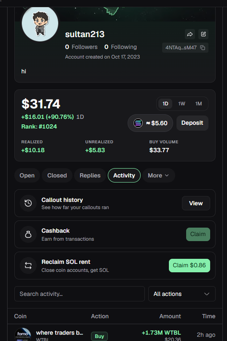 A cryptocurrency wallet or trading app screenshot for user 'sultan213' showing a balance of $31.74 (+$16.01) with options to claim cashback and reclaim SOL rent.