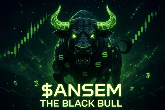 A fierce black bull with glowing green horns charges forward against a dark green background featuring stock chart candles and dollar signs. The text "$ANSEM THE BLACK BULL" is prominently displayed below, symbolizing bullish market momentum and strong community conviction behind the $ANSEM token.