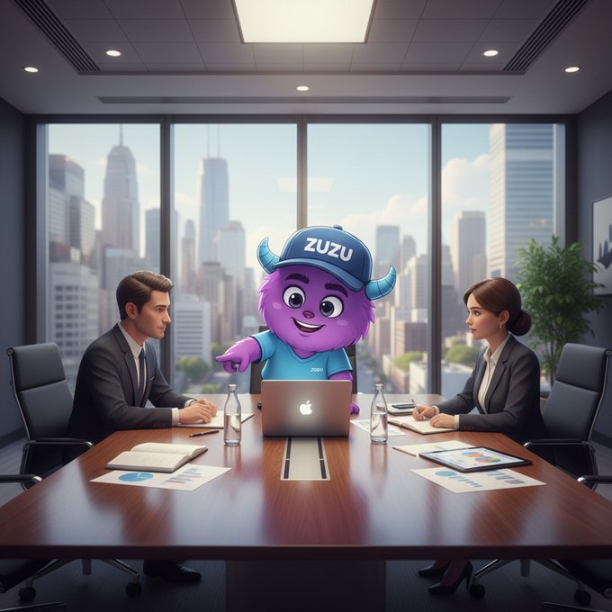 An AI-generated image depicting a purple cartoon mascot character named 'ZUZU' wearing a blue cap, sitting at a corporate boardroom table between a businessman and businesswoman with documents and an Apple laptop.