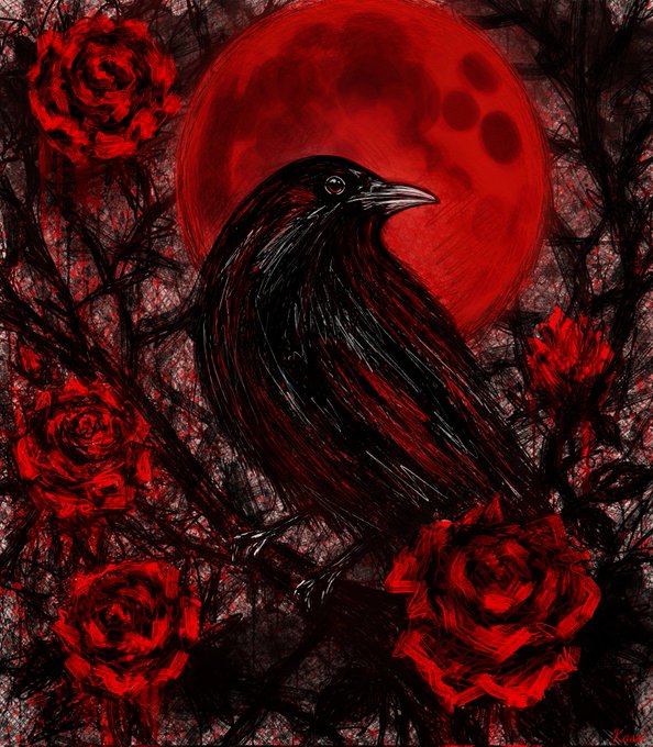 The image features a black bird sitting on a branch surrounded by red roses, with a full moon visible behind them. The scene appears to be a dark night, adding an air of mystery and intrigue to the overall composition. The post seems to be promoting digital art or possibly discussing the concept of darkness in various forms.
