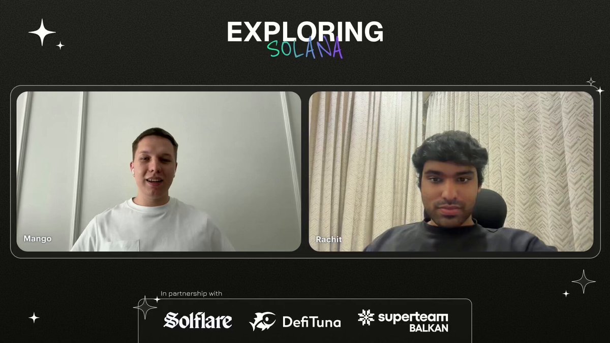 The image shows two men sitting behind a computer screen during an interview or discussion. The background of the image features a black wall, which contrasts with the white text displayed below them. The text reads "Exploring Solana" and "Exploring Solana Ep. 19", indicating that they are discussing the cryptocurrency platform Solana. The men appear to be engaged in conversation about the platform's growth and future plans.