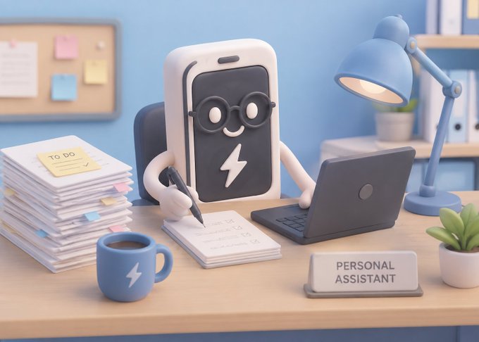 A 3D-rendered illustration of a cute anthropomorphized smartphone character wearing glasses, sitting at a desk with a laptop, coffee mug, and papers, with a nameplate reading 'PERSONAL ASSISTANT' and a 'TO DO' sticky note.