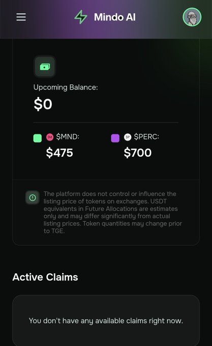 A screenshot of the 'Mindo AI' app shows an Upcoming Balance of $0, with token prices of $475 for $MND and $700 for $PERC, and a message stating no active claims are available.