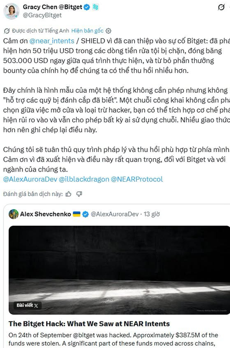 A screenshot of a Vietnamese tweet by Gracy Chen @GracyBitget reporting on the @Bitget security incident, stating over 50 million USD was frozen and mentioning @AlexAuroraDev, @Iblackdragon, and @NEARProtocol.