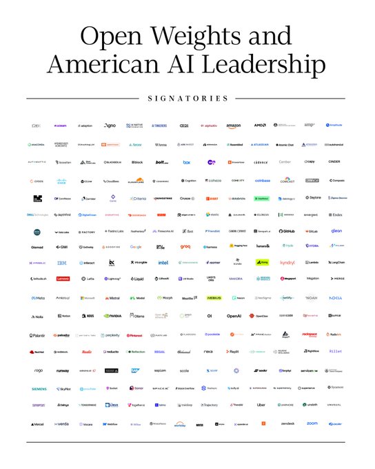 The image displays a coalition of company logos under the heading "Open Weights and American AI Leadership — Signatories," including prominent names like Microsoft, Amazon, AMD, IBM, Google, Meta, Coinbase, OpenAI, and NVIDIA. This visual supports the post's message by illustrating the broad industry support for Coinbase and Microsoft's open letter advocating against AI walled gardens.