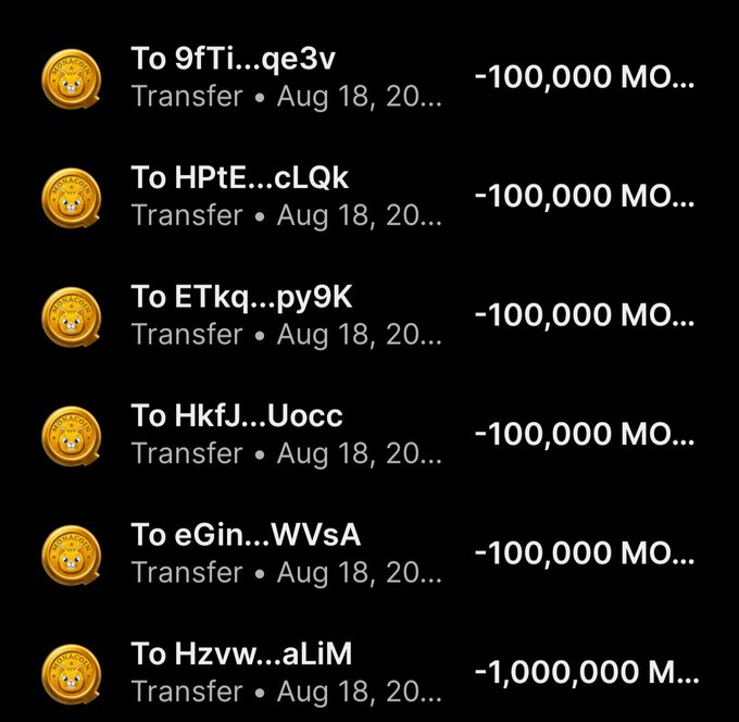 A screenshot of a crypto wallet showing six outgoing transfers of 100,000 (and one of 1,000,000) Mona tokens sent on Aug 18 to various recipients, used as "proof" to promote a $MONA token airdrop scam asking users to follow @Monasolanatoken and submit their SOL wallet to receive a "guaranteed airdrop."