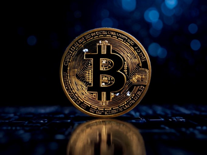 A close-up image of a gold physical Bitcoin coin standing upright on a reflective surface against a dark blue background with bokeh lights.
