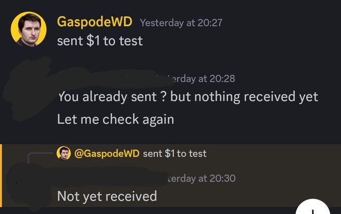 Discord conversation screenshots between users, where 'GaspodeWD' reports sending $1 to test and the recipient responds that nothing has been received yet, indicating a transaction issue.
