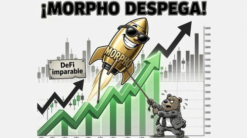 A meme illustration titled '¡MORPHO DESPEGA!' showing a rocket labeled 'MORPHO' launching upward over a green bar chart, while a defeated bear is pulled along.