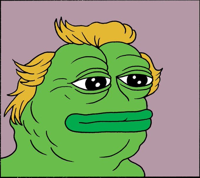 A cartoon-style illustration of the green Pepe the Frog meme character with a sad, droopy expression and yellow hair against a solid gray background.