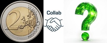 The image features a 2 Euro coin, a handshake icon labeled "Collab," and a green question mark, symbolizing a new partnership announcement. This visually represents the alpha collaboration teased in the post with @RobinWifHat, hinting at an upcoming reveal of partnership details.