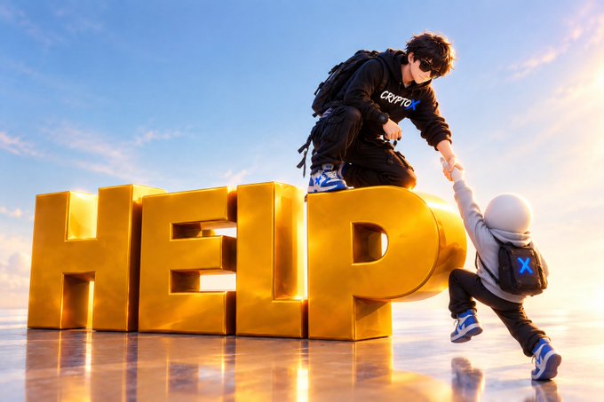 A 3D-rendered scene showing a young person in a black 'CRYPTOX' hoodie perched atop large golden 'HELP' letters, reaching down to pull up another figure wearing a white helmet and a 'CRYPTOX' backpack against a sunset sky.