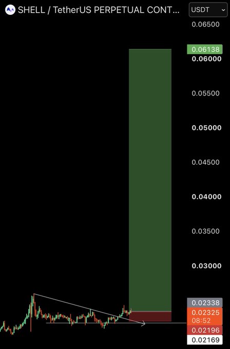 The image displays a SHELL/USDT perpetual contract chart featuring a descending triangle pattern with a bullish breakout, highlighted by a large green projected price zone (target area) extending up to 0.06138, while current price sits around 0.02196-0.02338 with a "BUY" signal indicator, illustrating the suggested long entry setup.