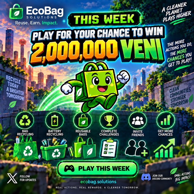 A promotional graphic for EcoBag Solutions advertising a 'Play for your chance to win 2,000,000 VEN!' contest this week, featuring a green bag mascot and icons for bag recycling, battery recycling, reusable bags, challenges, friends, and chances, with the website 'ecobag.solutions'.