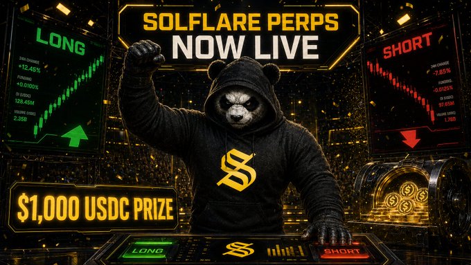 Solflare Perps launches live with Long and Short trading battles, featuring Callahan DKS and Simon Molitor, plus a $1,000 USDC prize at 5 PM UTC. The promotional image shows a panda-like trader choosing between LONG and SHORT.