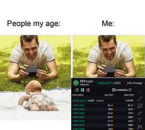 The image shows a humorous meme about people using cryptocurrency, specifically PEPcoin, with the text "People my age: Me: PEP/USDT/0.1 currency (not actual money)". The image features two versions of a man in a park who is either standing or sitting on the grass. One version is holding a cell phone and appears to be checking his messages while the other version is looking at his phone screen, seemingly uninterested in what's happening around him. There are several text bubbles above these images discussing various ways someone might react if PEPcoin hit $0.01 tomorrow, such as selling the coin or spreading awareness about its potential benefits and drawbacks.