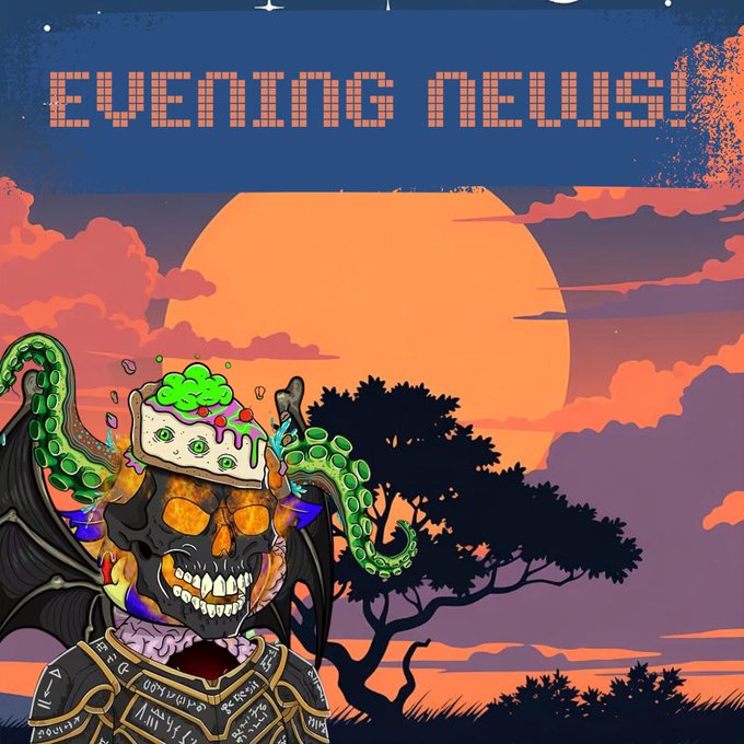 An illustrated graphic titled 'EVENING NEWS!' features a flaming skull with green tentacles wearing a cake on its head, set against an orange sunset with a silhouetted tree.