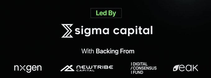 A sponsorship slide showing 'Led By Σ sigma capital' with backing from n>gen, NEWTRIBE CAPITAL, Digital Consensus Fund, and peak.