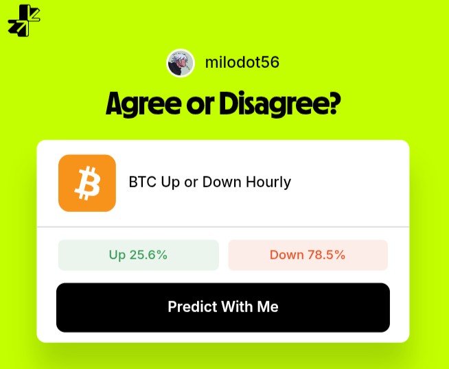 A bright green screen from an app showing user 'milodot56' asking 'Agree or Disagree?' on 'BTC Up or Down Hourly,' with Up at 25.6% and Down at 78.5%, plus a 'Predict With Me' button.
