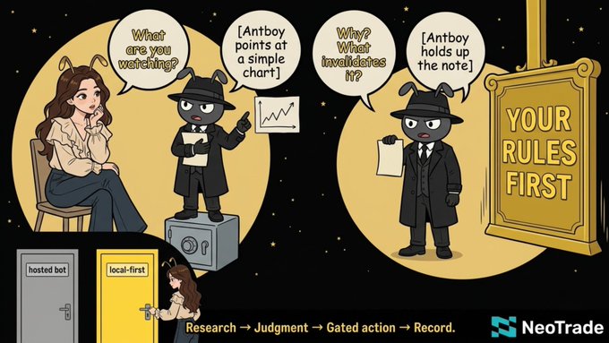 Comic-style illustration from NeoTrade featuring two characters labeled 'hosted bot' and 'local-first' discussing watching charts and invalidating notes, with a golden 'YOUR RULES FIRST' sign and text reading 'Research → Judgment → Gated action → Record.'