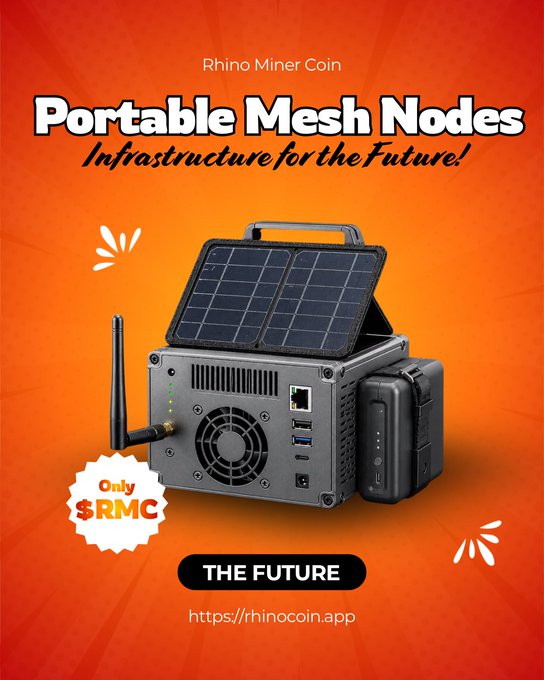 A promotional advertisement for Rhino Miner Coin (RMC) Portable Mesh Nodes, showcasing a solar-powered device with the tagline 'Infrastructure for the Future!' and 'THE FUTURE' button.