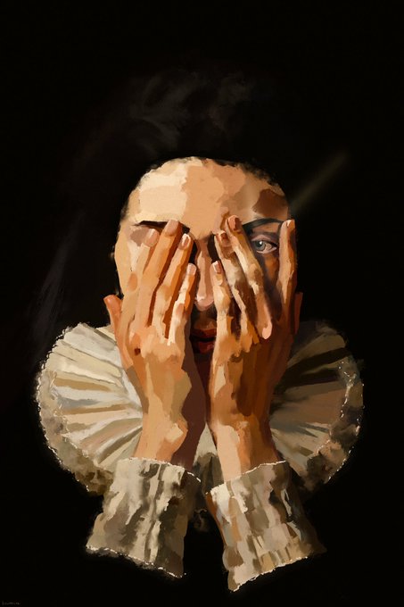 The image features a woman with her hands covering her eyes, creating an eerie or mysterious atmosphere. The background of the image is black, which further emphasizes the contrast between the woman's face and the darkness around her. The caption "GM! occultus" suggests that this could be a work of art created by GM!, a person who has been mentioned in the post.
