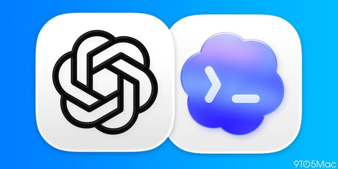 Two app icons on a blue background: the OpenAI logo on the left and a blue cloud-shaped terminal/command line icon on the right, credited to 9to5Mac.