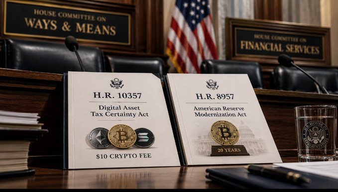 Two legislative documents, H.R. 10357 ("Digital Asset Tax Certainty Act" with a $10 crypto fee) and H.R. 8957 ("American Reserve Modernization Act" establishing a 20-year Bitcoin Reserve), are displayed on a congressional desk alongside House Ways & Means and Financial Services committee signs, visually representing the two crypto policy bills highlighted in the post.