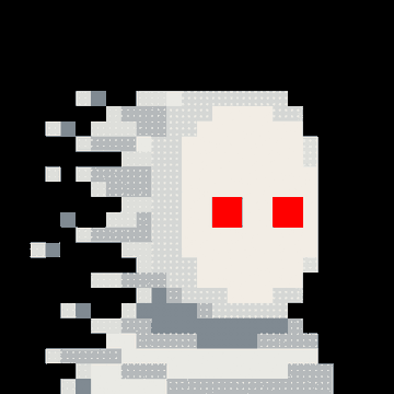 A pixel art illustration shows a white, ghost-like figure with red eyes, appearing to dissolve or trail off into horizontal fragments against a black background.