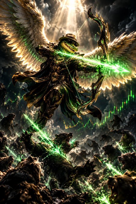 A fantasy illustration of a green reptilian warrior with large angelic wings, wearing a fedora and cloak, firing a glowing green energy arrow from a golden bow amid clouds and rocks.