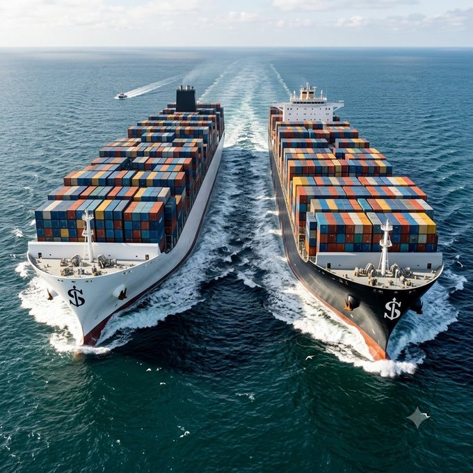 An aerial view of two large container ships sailing parallel in the ocean, each marked with a dollar sign symbol on the bow.