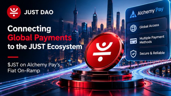 A digital payment advertisement says “JUST DAO — Connecting Global Payments to the JUST Ecosystem” and “$JST on Alchemy Pay’s Fiat On-Ramp,” alongside “Alchemy Pay,” “Global Access,” “Multiple Payment Methods,” and “Secure & Reliable.”