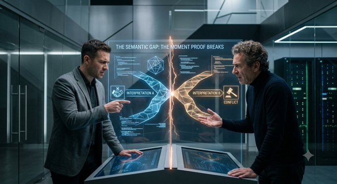 The image shows two men in a modern, glass-walled facility debating across a holographic display titled "THE SEMANTIC GAP: THE MOMENT PROOF BREAKS," which features DNA-like helices labeled "INTERPRETATION A" and "INTERPRETATION B" with a "CONFLICT" marker. The visual of competing interpretations splitting a shared source of proof illustrates the post's argument that AI-mediated trust fails because machines cannot agree on a single interpretation of evidence—the seventh layer remains unwritten because the bridge between two valid readings cannot be cryptographically sealed.