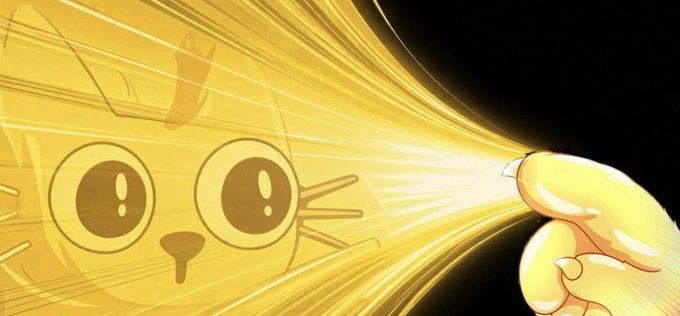 An illustration featuring a cute, cartoon-style cat face illuminated by the beam of light from a flashlight held by a hand in the foreground.