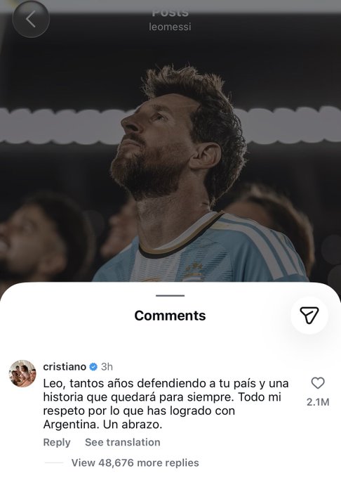 Instagram screenshot of Lionel Messi (leomessi) looking upward in an Argentina jersey, with a comment from verified user 'cristiano' reading 'Leo, tantos años defendiendo a tu país...' that has 2.1M likes.