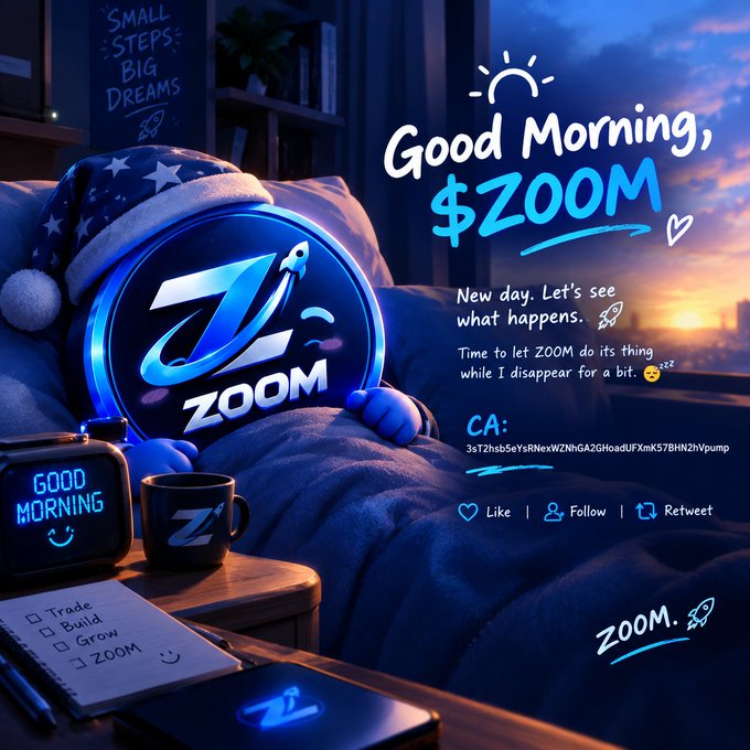 A digital illustration promoting the cryptocurrency $ZOOM features a sleeping mascot in a nightcap with 'Good Morning, $ZOOM' text and a contract address beginning with '3sT2hsb5eYsRNexWZNhGA2GHoadUFXmK57BHN2hVpu'.