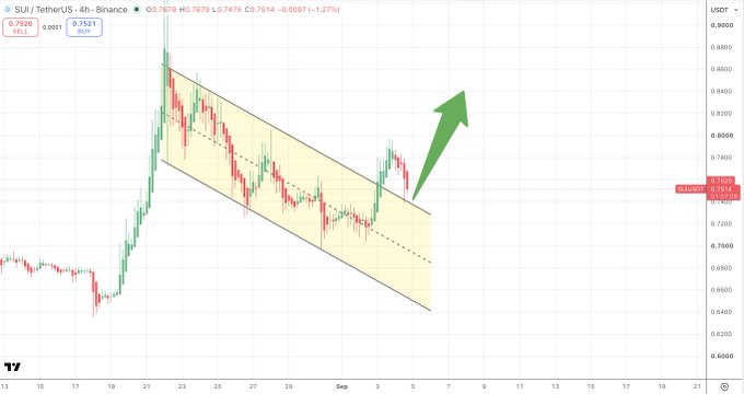 A TradingView 4-hour chart of SUI/USDT shows the price breaking out of a descending channel pattern, with a green arrow pointing upward to indicate anticipated bullish continuation as the asset retests the breakout level near $0.7475, currently down 1.27% at $0.7479. The accompanying post highlights this retest as a potential entry point for further upside momentum on $SUI.