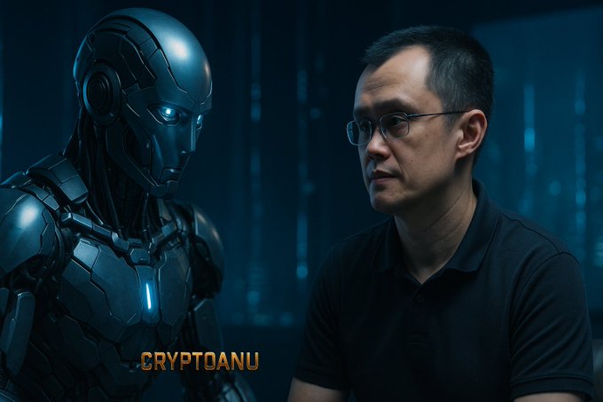 A cinematic image showing a futuristic AI robot with glowing blue eyes facing an Asian man wearing glasses, with 'CRYPTOANU' watermark text in the corner against a dark blue digital background.
