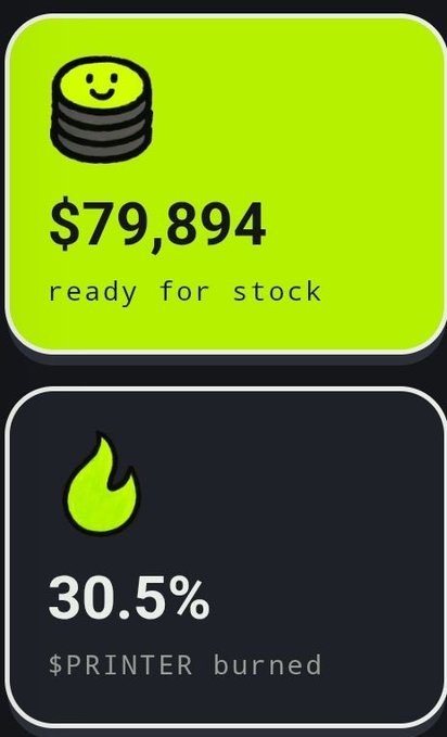 A bright green widget displays "$79,894 ready for stock" alongside a coin stack icon, while a dark widget below shows "30.5% $PRINTER burned" with a flame icon—visually reinforcing the post's message that the printer flywheel is accelerating, with rising PRINTER value and increasing burn rate.