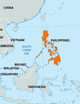 A map of Southeast Asia highlights the Philippines in orange, with surrounding countries including China, Vietnam, Cambodia, Brunei, Malaysia, Singapore, and Indonesia labeled around the South China Sea. The image visually pinpoints the Philippines as the location relevant to the news about the country's 12-month halt on new crypto license approvals, while existing exchanges like Coins.ph and PDAX continue operating.