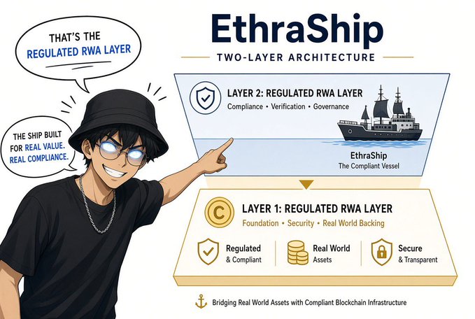 An infographic explaining the "EthraShip Two-Layer Architecture," highlighting a regulated RWA layer for compliance and a foundation layer for security and real-world asset backing.