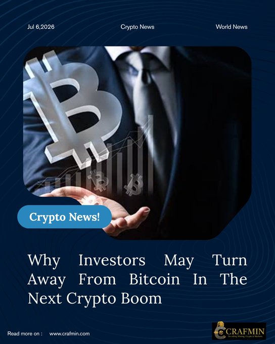 A crypto news article header dated Jul 6, 2026, titled 'Why Investors May Turn Away From Bitcoin In The Next Crypto Boom' from crafmin.com, featuring an image of a businessman with a Bitcoin symbol.