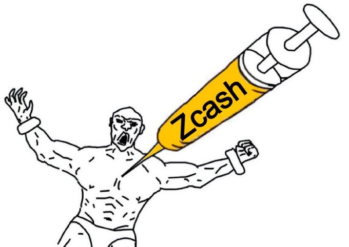 A cartoon illustration of a muscular, handcuffed man being injected with a large syringe labeled "Zcash," his mouth open in an anguished scream.