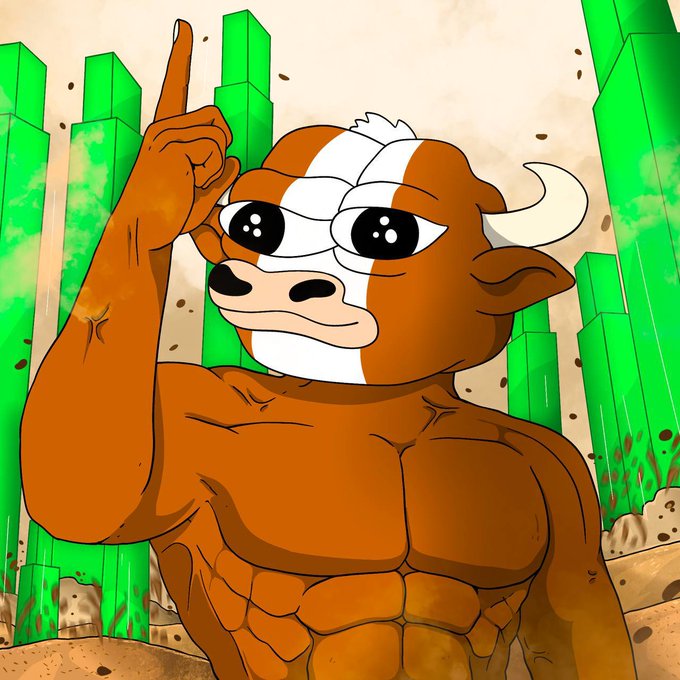 A cartoon illustration of a muscular brown and white bull pointing its finger upward, standing against a background of green pillars.