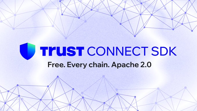 The image features a banner with blue lines and dots that reads "Trust ConnectSDK Free. Every chain. apache 2.0". The background of the image has a patterned design, which includes blue lines and dots as well. The text on the banner is in white, making it stand out against the blue background.