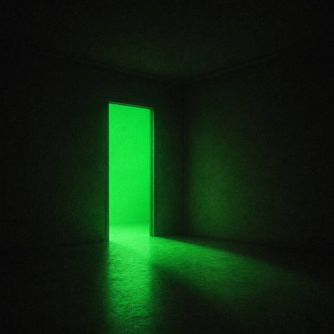 A dark, empty room is illuminated by an open doorway radiating an intense green glow that spills across the floor, visually embodying the inevitability of "green" as an inescapable force breaking through into the darkness.