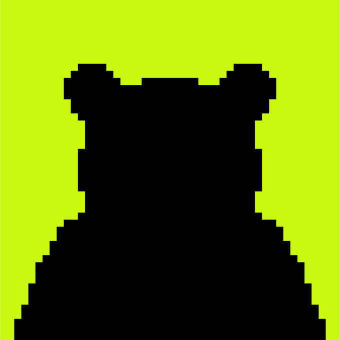A pixelated black silhouette figure on a bright lime green background, appearing as a simple character outline.