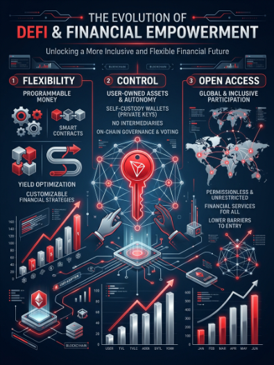 In this image, a poster displays a detailed diagram or flowchart of the evolution of financial empowerment. The chart features various elements representing different aspects of decentralized finance, including a red key symbolizing the introduction of DeFi (Decentralized Financing), blue bars depicting how the system works with different assets and cryptocurrencies, and a map illustrating the global reach of this innovative financial ecosystem. The layout emphasizes how people seek greater control over their finances and desire more diverse, flexible options compared to traditional centralized systems.