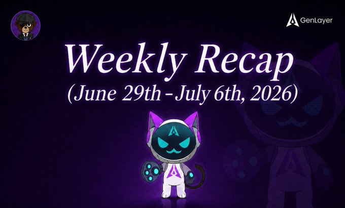 A 'Weekly Recap (June 29th - July 6th, 2026)' graphic for GenLayer, featuring a cartoon cat character in a space helmet on a purple background.