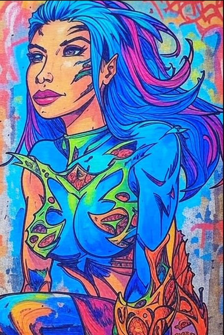 A vibrant street art mural depicts a stylized female figure with blue hair, pointed ears, and a green and blue costume, set against a graffiti-covered background.